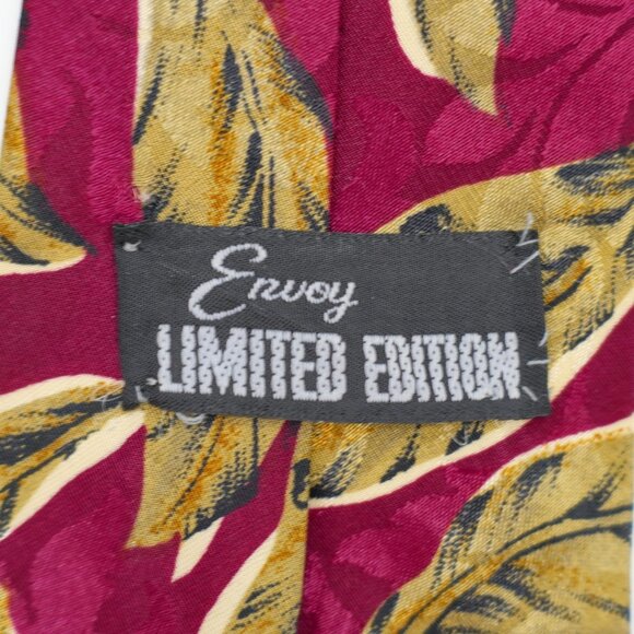 Envoy Limited Edition Jacquard Print Red Brown Tropical Leaf Short Silk Tie - Picture 3 of 6